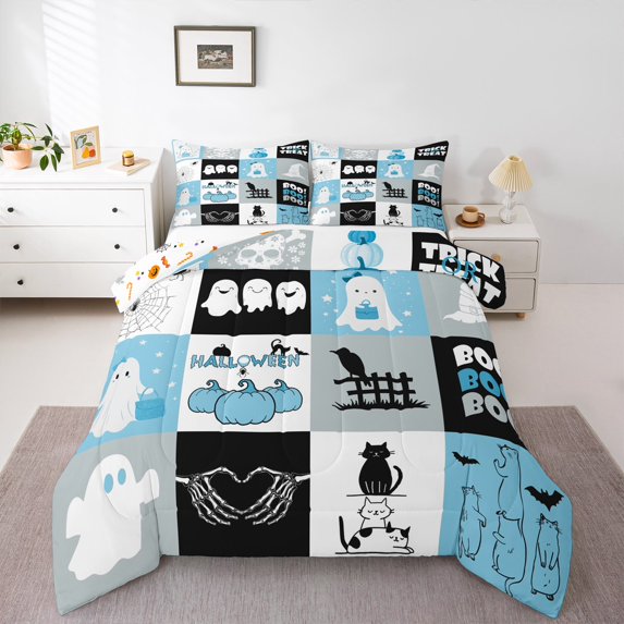 Manfei Halloween Ghost Full Size Comforter Sets,Spider Webs Bedding Comforter Set,Blue Pumpkin Bedding Sets,Microfiber Room Decoration Reversible,3-Piece