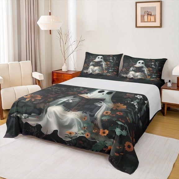 Manfei Halloween Ghost Kids Full Size Sheets, Horror Spooky Skull Bed Sheets, Rustic Groovy Flower Sheet Sets, Lightweight Room Decor, 4 Pieces