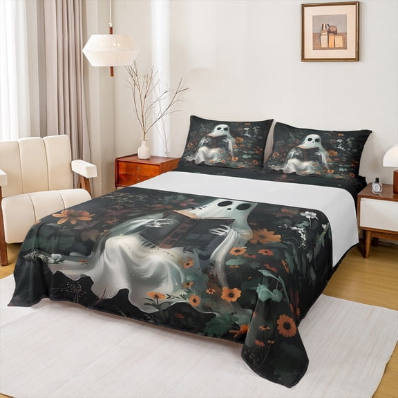 Manfei Halloween Ghost Kids Queen Sheet Sets, Horror Spooky Skull Flat Sheet, Rustic Groovy Flower Queen Fitted Sheet, Lightweight Room Decor, 4-Piece