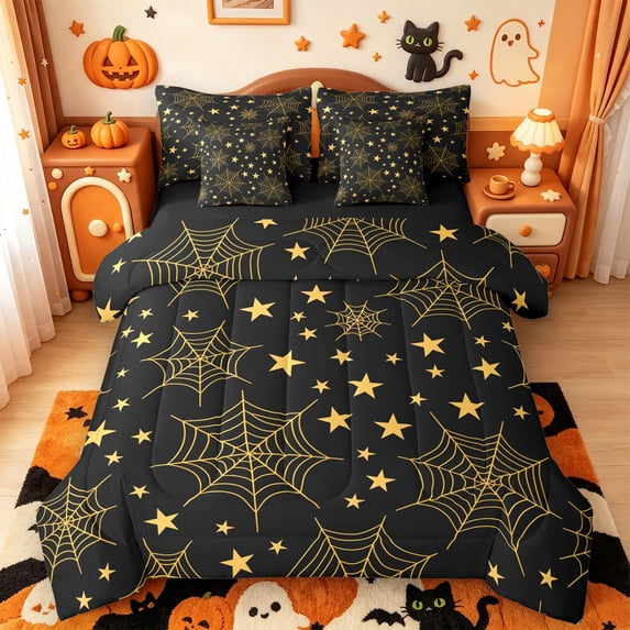 Manfei Halloween Ghost Print 7-Piece Twin Bedding,Fall Maple Leaf Pattern Bedding Comforter Set,Black Reversible