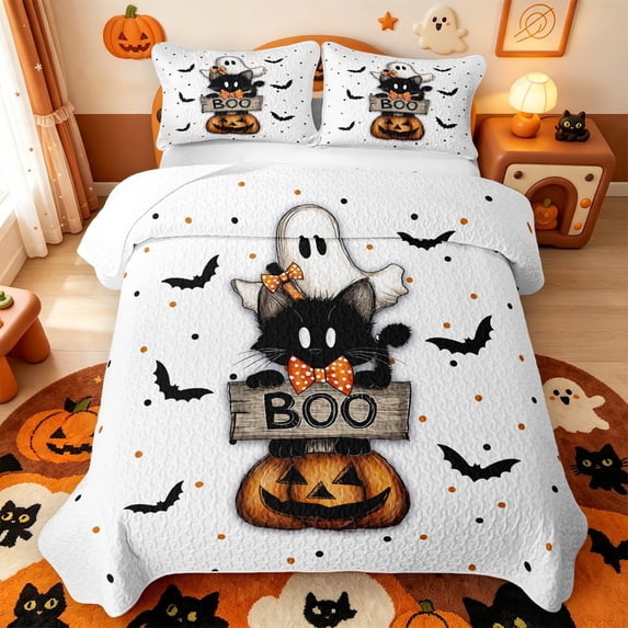 Manfei Halloween Ghost Print Bed Spread Queen,Pink Pastel Bat Queen Coverlet Set,3-Piece,1 Quilt and 2 Pillowcases