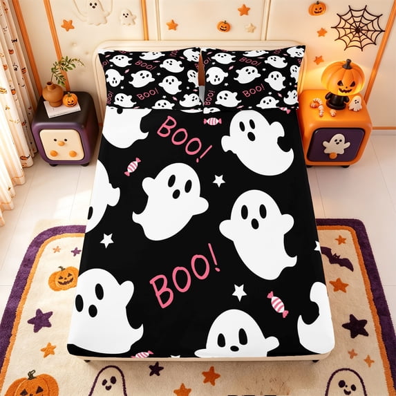 Manfei Halloween Ghost Print Fitted Sheet Full,Pastel Bat Pattern Bed Set,3pcs,1 Fitted Sheet and 2 Pillowcases