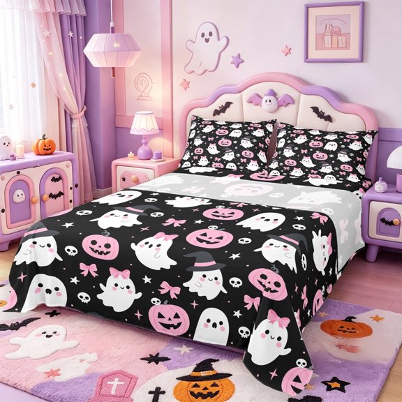Manfei Halloween Ghost Print Queen Sheets,Funny Cartoon Turkey Queen Sheet Sets,4pcs,1 Flat Sheet,1 Fitted Sheet and 2 Pillowcases