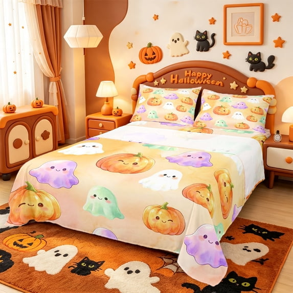 Manfei Halloween Ghost Print Queen Sheets,Gothic Skeleton Pattern Queen Sheet Sets,4 Pieces,1 Flat Sheet,1 Fitted Sheet and 2 Pillowcases
