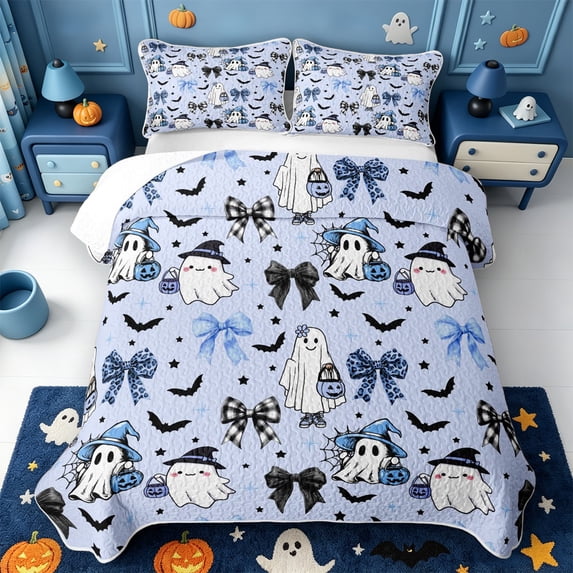 Manfei Halloween Ghost Print Quilt Full,Colorful Fall Leaf Pattern Full Bedspread Sets,3-Piece,1 Coverlet and 2 Pillowcases