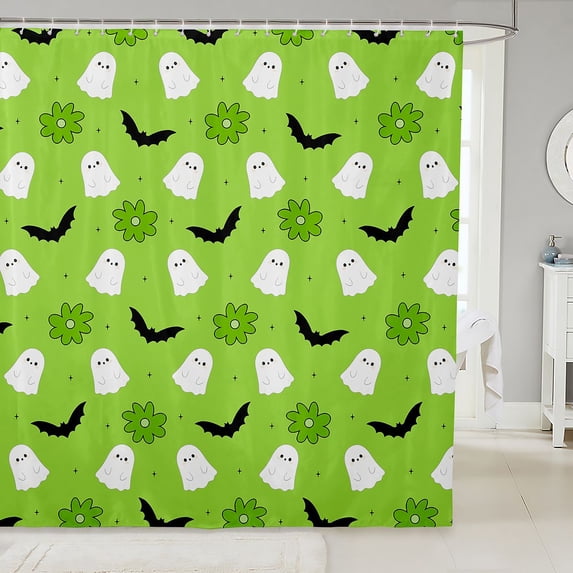 Manfei Halloween Ghost Print Shower Curtain 72Wx78L,Green Cartoon Floral Bath Curtain