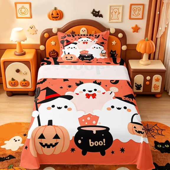 Manfei Halloween Ghost Print Twin Sheets,Bat And Skull Bedding,3-Piece,1 Flat Sheet,1 Fitted Sheet and 1 Pillowcase