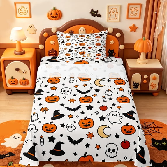 Manfei Halloween Ghost Print Twin Sheets,Pumpkin With Bat Spider Web Bedding,3pcs,1 Flat Sheet,1 Fitted Sheet and 1 Pillowcase