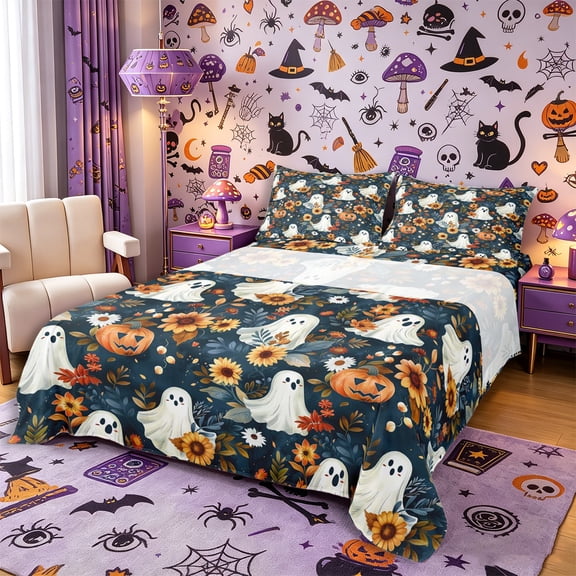 Manfei Halloween Ghost Pumpkin Queen Sheets 4 Pieces, Autumn Sunflower Queen Sheet Sets, Navy Orange Yellow,1 Fitted Sheet, 1 Flat Sheet and 2 Pillowcases