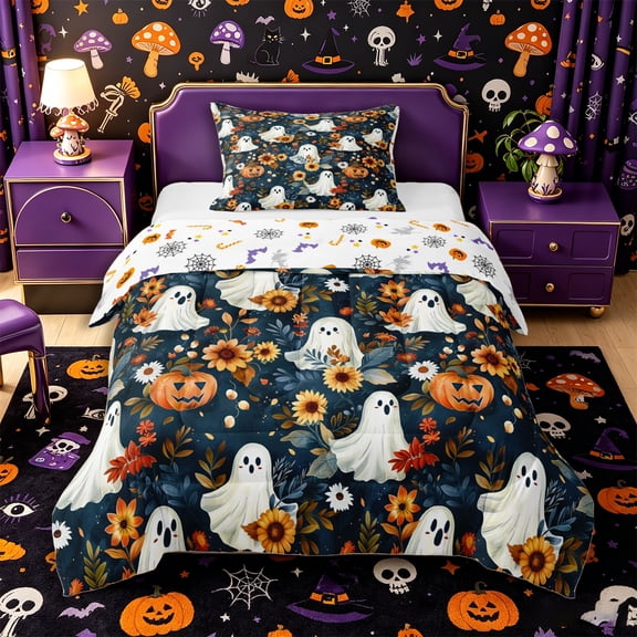Manfei Halloween Ghost Pumpkin Twin Comforter Sets 2pcs, Autumn Sunflower Bedding Set, Navy Orange Yellow,Reversible,1 Comforter and 1 Pillowcase