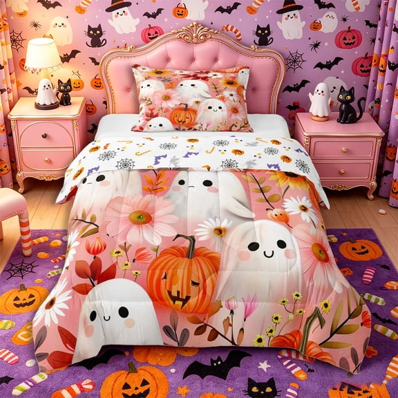 Manfei Halloween Ghost Pumpkin Twin Comforter Sets 2pcs, Autumn Sunflower Daisy Flower Bedding Set, Pink Orange Yellow,Reversible,1 Comforter and 1 Pillowcase