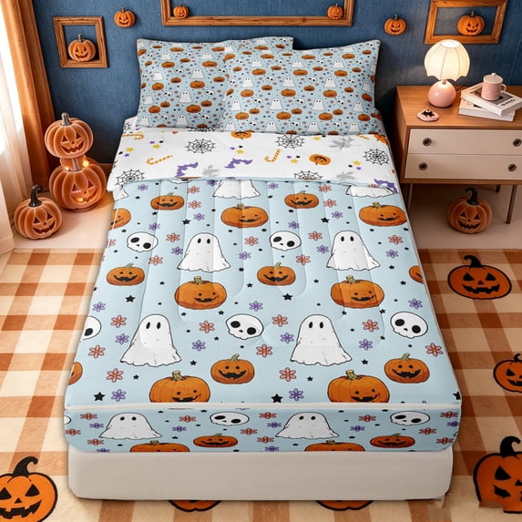 Manfei Halloween Ghost Pumpkin Zipper Twin Comforter Sets with Fitted Sheet and 2 Pillowcases for Kids, Blue Cartoon Stars Print Zipper Bedding Set, Halloween Reversible, 4pcs