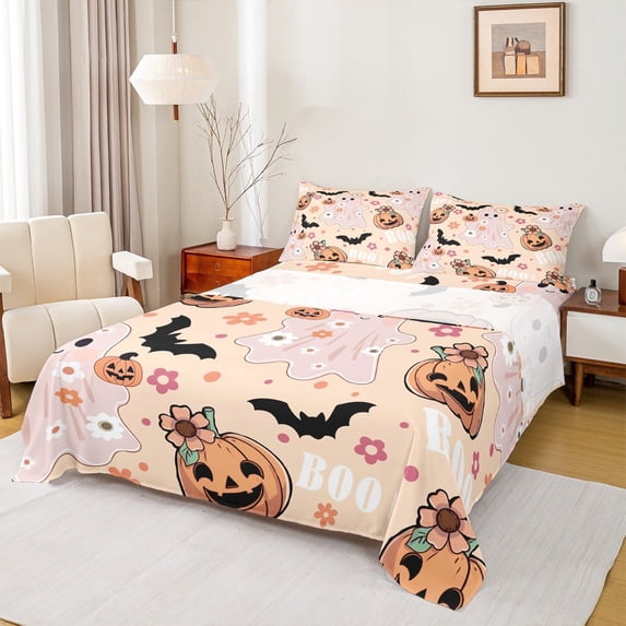 Manfei Halloween Ghost Sheet Set Queen, Funny Pumpkin Bed Sheets Set Queen Size, Bat Flower Print Queen Sheet Sets, Ultra Soft Room Decorative, 4-Piece