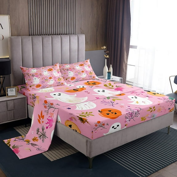 Manfei Halloween Ghost Sheet Set Twin,Flower Pumpkin Bedding Sets Twin Size,Festival Theme Twin Sheet Sets,Super Cozy Floral Room Decorative,3pcs