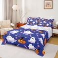 thumbnail image 1 of Manfei Halloween Ghost Skull King Sheets for Kids, Watercolor Blue Pumpkin Candy Bedding, 4 Pieces, 1 Flat Sheet, 1 Fitted Sheet and 2 Pillowcases, 1 of 6