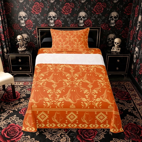 Manfei Halloween Ghost Twin Sheets 3pcs, Gothic Floral Damask Bedding, Orange Gold,1 Fitted Sheet, 1 Flat Sheet and 1 Pillowcase