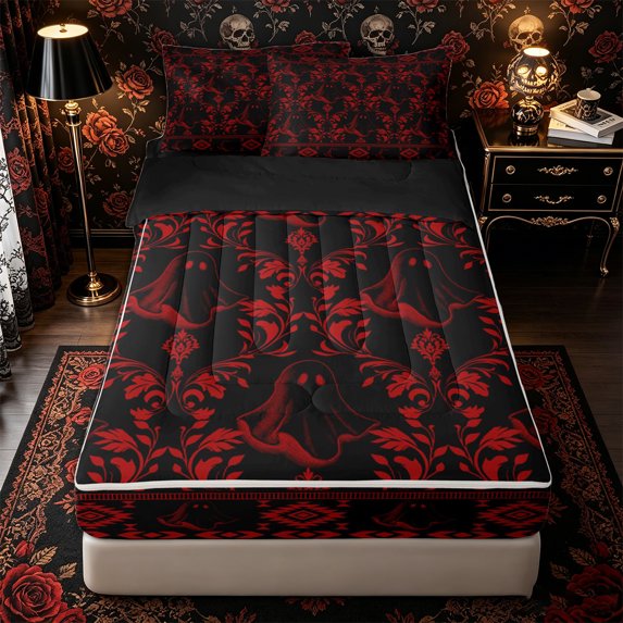Manfei Halloween Ghost Zipper Full Size Comforter Sets with Fitted Sheet and 2 Pillowcases, Gothic Floral Damask Zipper Bedding Set, Red Black,Black Reversible,4 Pieces