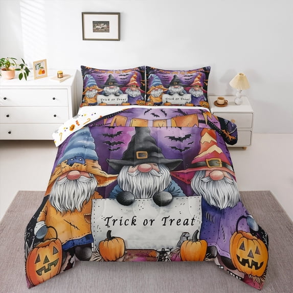 Manfei Halloween Gnome Full Size Comforter Sets,Trick Or Treat Bedding Comforter Set,Orange Funny Pumpkin Bedding Sets,Super Cozy Room Decorative Reversible,3pcs