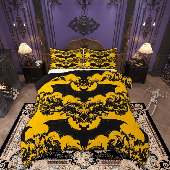 Manfei Halloween Gothic Bat Bedding Comforter Set, Bohemian Damask Flower Print Twin Comforter Sets, Mystic Hippie Western Reversible Bedding Set, Microfiber Bedroom Decor, 2 Pieces