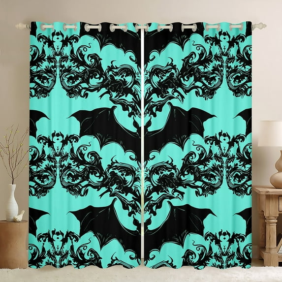Manfei Halloween Gothic Bat Curtains Pack of 2 (42x84 Each), Bohemian Damask Flower Print Curtains Blackout, Mystic Hippie Western Bedroom Curtains, Curtains and Drapes Decor