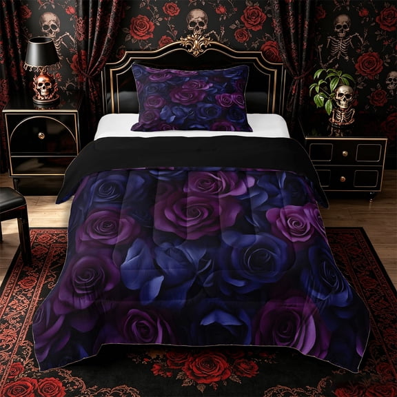 Manfei Halloween Gothic Dark Rose Twin Comforter Sets 2pcs, Chic Flower Bedding Set, Purple Magenta Navy,Black Reversible,1 Comforter and 1 Pillowcase
