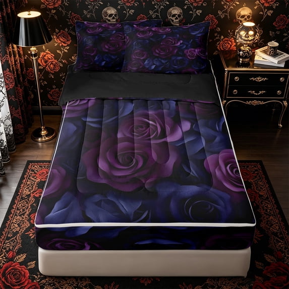 Manfei Halloween Gothic Dark Rose Zipper Full Size Comforter Sets with Fitted Sheet and 2 Pillowcases, Chic Flower Zipper Bedding Set, Purple Magenta Navy,Black Reversible,4 Pieces