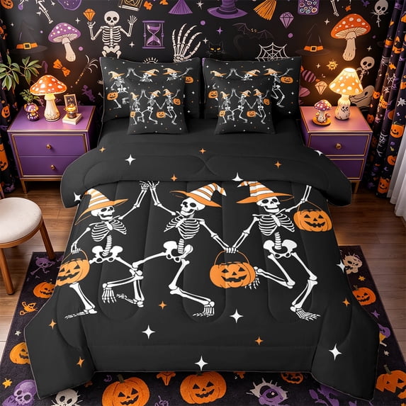 Manfei Halloween Gothic Skeleton 7-Piece Twin Bedding, Festival Pumpkin Bedding Comforter Set, Black Orange White,Black Reversible