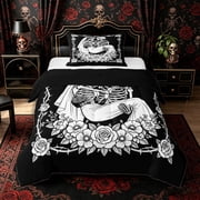 Manfei Halloween Gothic Skeleton Couple Twin Comforter Sets 2pcs, Romantic Rose Valentine's Day Bedding Set, Black White,Black Reversible,1 Comforter and 1 Pillowcase