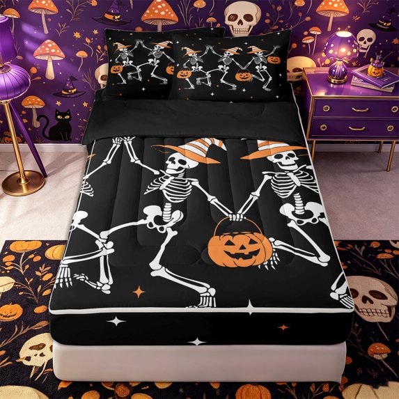 Manfei Halloween Gothic Skeleton Zipper Twin Comforter Sets with Fitted Sheet and 2 Pillowcases, Festival Pumpkin Zipper Bedding Set, Black Orange White,Black Reversible,4pcs