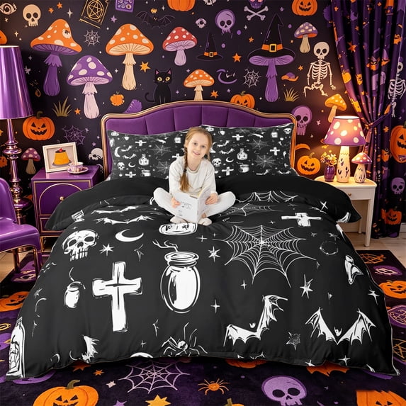 Manfei Halloween Gothic Sugar Skull Bedding, Festival Spooky Animal Duvet Cover Full, Black White Silver,Black Reversible,1 Duvet Cover and 2 Pillowcases,3pcs,No Comforter