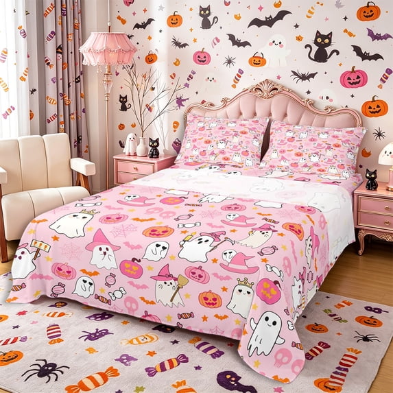 Manfei Halloween Kawaii Floral Ghost King Sheets 4pcs, Festival Cute Pumpkin Candy Bedding, Pink Orange White,1 Fitted Sheet, 1 Flat Sheet and 2 Pillowcases