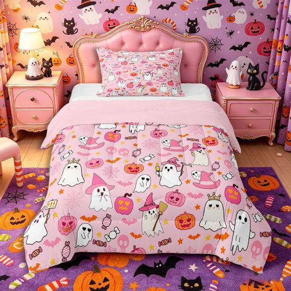 Manfei Halloween Kawaii Floral Ghost Twin Comforter Sets 2pcs, Festival Cute Pumpkin Candy Bedding Set, Pink Orange White,Pink Reversible,1 Comforter and 1 Pillowcase