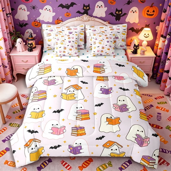 Manfei Halloween Kawaii Ghost Full Size Bedding Sets 7 Pieces, Festival Theme Bats Full Size Bed in a Bag, Lavender Purple White,Reversible