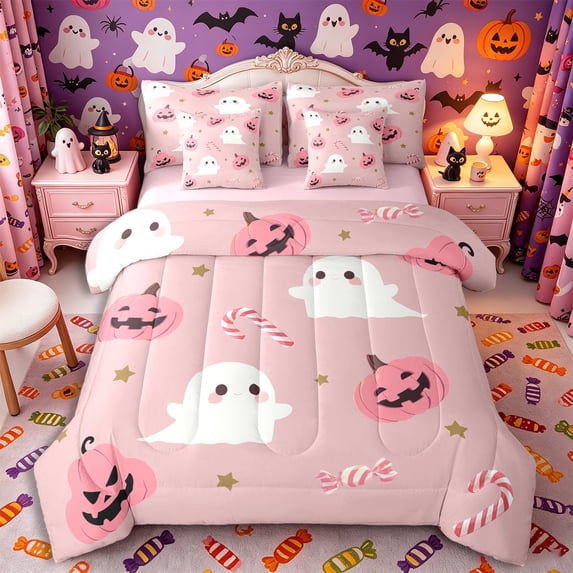 Manfei Halloween Kawaii Ghost Queen Bedding 7pcs, Cute Pumpkin Candy Bedding Comforter Set Queen, Pink White Gold,Pink Reversible
