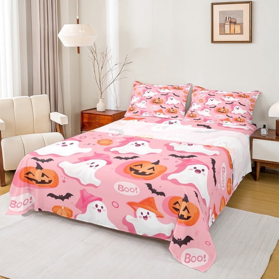Manfei Halloween King Sheet Sets for Teens, Spooky Bat Print Bed Sheets King, Funny Pumpkin Bedding Sets King Size, Breathable Room Decorative, 4pcs