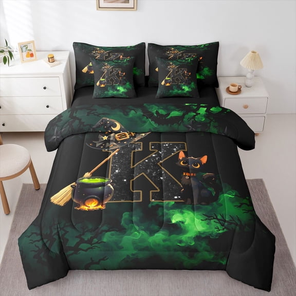 Manfei Halloween Monogram K 7-Piece Twin Bedding,Cartoon Black Cats Bedding Comforter Set,Green,Black Reversible