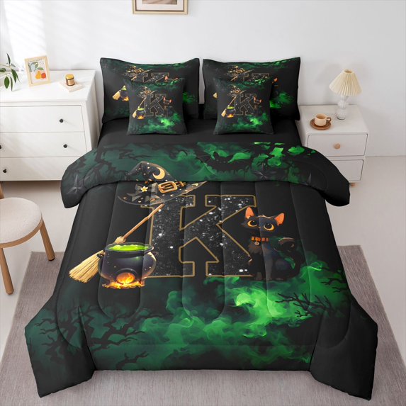 Manfei Halloween Monogram K 7pcs Queen Bedding,Cartoon Black Cats Bedding Comforter Set Queen,Green,Black Reversible