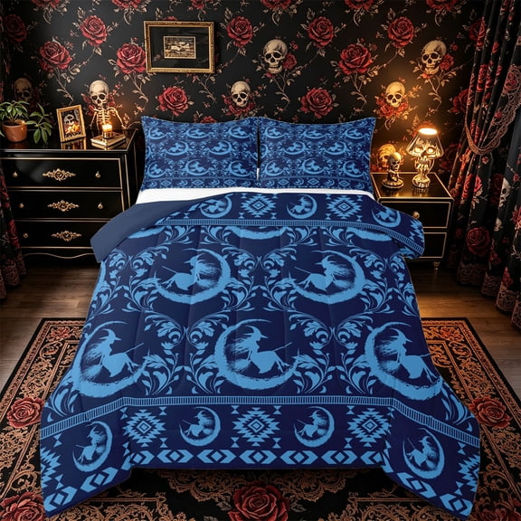Manfei Halloween Moon Witch Full Size Comforter Sets 3-Piece, Gothic Damask Boho Aztec Bedding Comforter Set, Navy Blue Light Blue,Navy Blue Reversible,1 Comforter and 2 Pillowcases