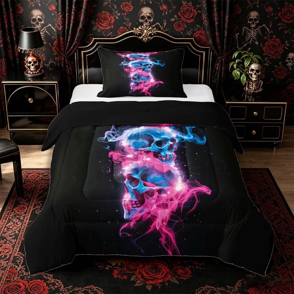 Manfei Halloween Neon Gradient Skull Twin Comforter Sets 2pcs, Cosmic Ombre Bedding Set, Black Pink Blue,Black Reversible,1 Comforter and 1 Pillowcase