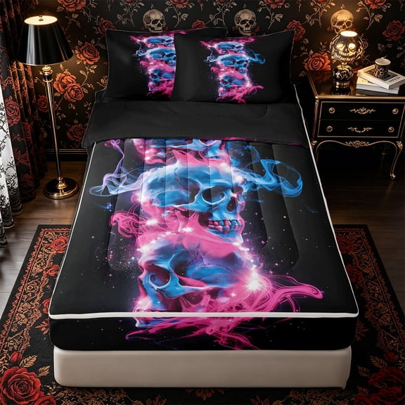 Manfei Halloween Neon Gradient Skull Zipper Full Size Comforter Sets with Fitted Sheet and 2 Pillowcases, Cosmic Ombre Zipper Bedding Set, Black Pink Blue,Black Reversible,4pcs