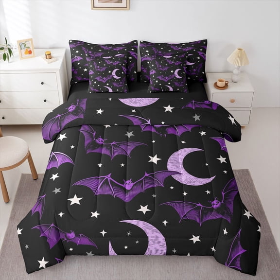 Manfei Halloween Night 7-Piece Twin Bedding,Cute Bats Pattern Bedding Comforter Set,Purple,Black Reversible