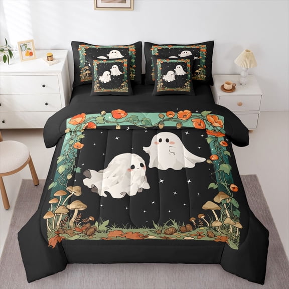 Manfei Halloween Party 7-Piece Twin Bedding,Cute Ghosts Bedding Comforter Set,Black,Black Reversible