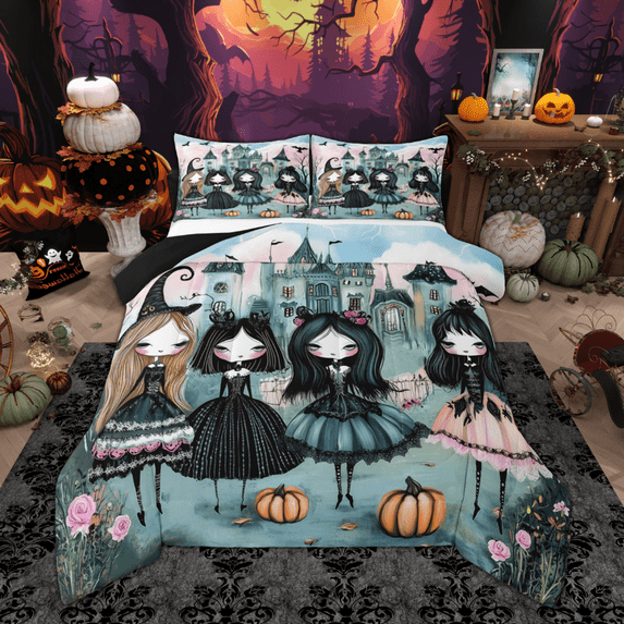 Manfei Halloween Princess Queen Comforter Set for Girls, Pumpkin Castle Floral Bedding Sets, Festival Theme Bedding Comforter Set, Ultra Soft Home Decor Reversible 3-Piece