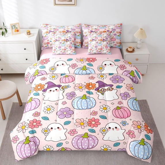 Manfei Halloween Pumpkin 7pcs Queen Bedding,Lovely Ghosts Floral Bedding Comforter Set Queen,Beige,Pink Reversible