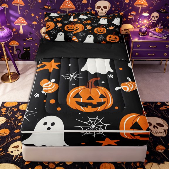 Manfei Halloween Pumpkin Ghost Zipper Twin Comforter Sets with Fitted Sheet and 2 Pillowcases, Spooky Spider Web Candy Zipper Bedding Set, Black Orange White,Black Reversible,4 Pieces