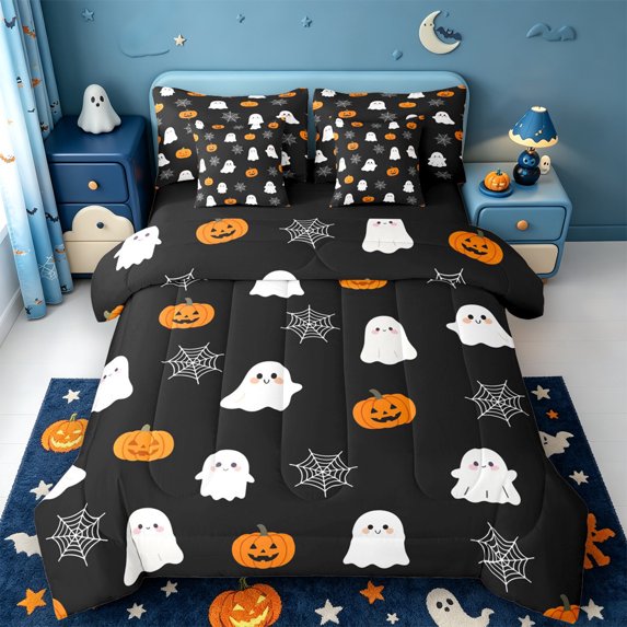 Manfei Halloween Pumpkin Lantern 7-Piece Twin Bedding,Spooky Ghost Pattern Bedding Comforter Set,Black Reversible