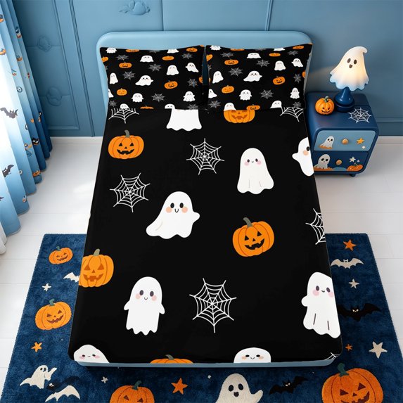 Manfei Halloween Pumpkin Lantern Fitted Sheet Full,Spooky Ghost Pattern Bed Set,3-Piece,1 Fitted Sheet and 2 Pillowcases