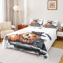 Manfei Halloween Pumpkin Twin Sheet Set,Kawaii Cat White Black Orange,Ultra Soft Decor For Kids,3-Piece
