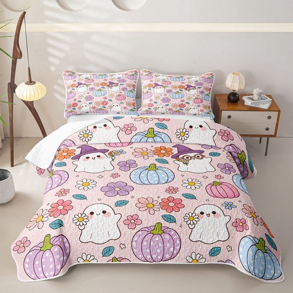 Manfei Halloween Pumpkin Quilt Full,Lovely Ghosts Floral Full Bedspread Sets,Beige,3 Pieces