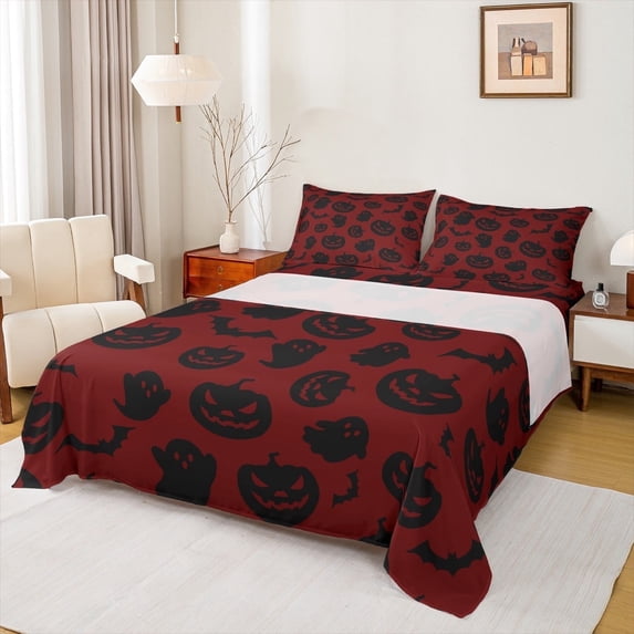 Manfei Halloween Pumpkin Sheet Set Twin,Spooky Ghost Bat Bedding Sets Twin Size,Red Black Twin Sheet Sets,Lightweight Room Decoration,3 Pieces